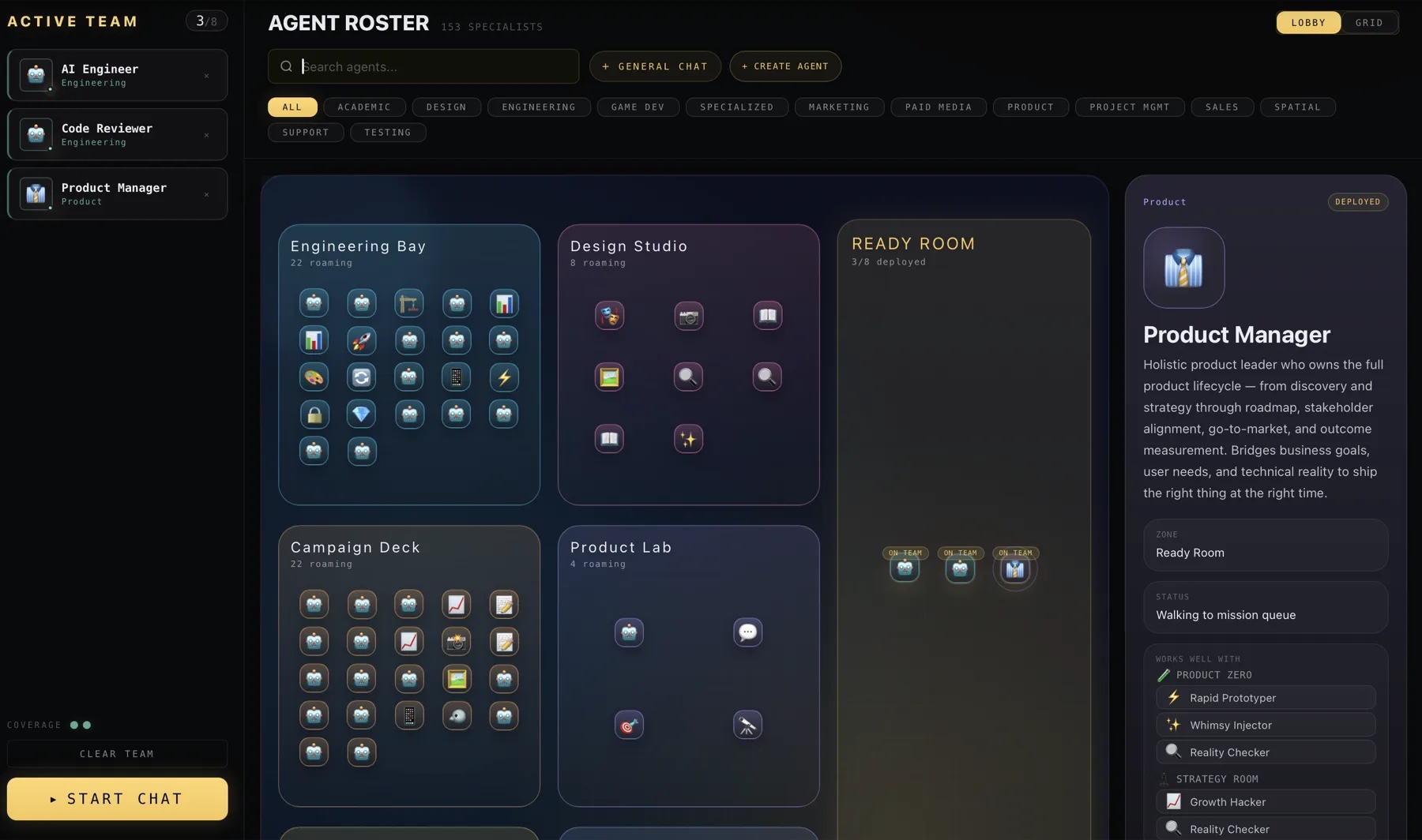 The A(i)GENCY Mission lobby with an active specialist team, agent roster, work zones, and a selected product manager